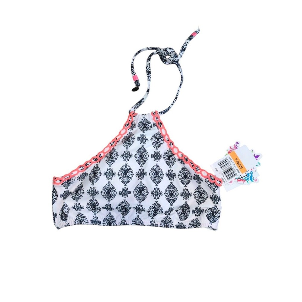 BECCA by Rebecca Virtue Black Medallion Crochet Trim High Neck Halter Bikini S